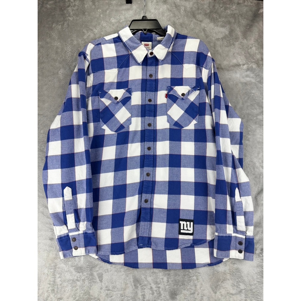 Levis Mens NFL New York Giants Flannel Shirt XL Blue White Plaid Western Cotton